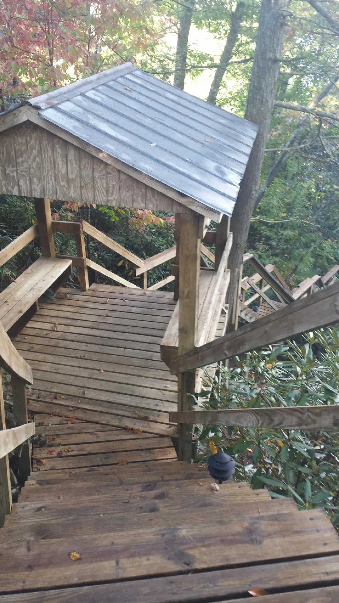 Metal roofed shelter over wooden steps on a wooded walkway — Skylight Repair & Installation work by our crew in Irondale